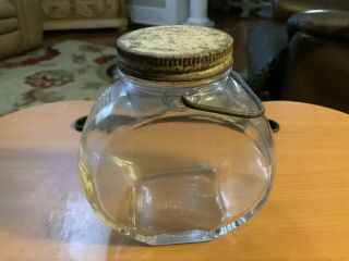 Vintage Glass Tilt Jar,  Screw On Tin Lid,  Bail Handle,