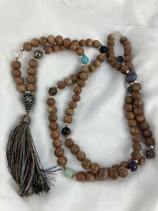 Wood And Glass Crystal Bead Mantra Mala Necklace Tassel 108 Beads