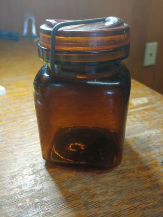 Vintage 1/2 Pint Amber Columbia Jar Half Complete W/ Glass Lid And Metal Bail
