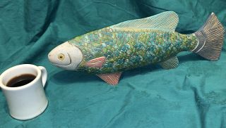 Large Vintage Koi Fish Solid Wood Carved Painted Whimsical Sculpture 18 1/2”