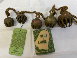 5 Vintage Etched Brass Elephant Claw Bells On A Rope - Bells Of Sarna India,  Tags