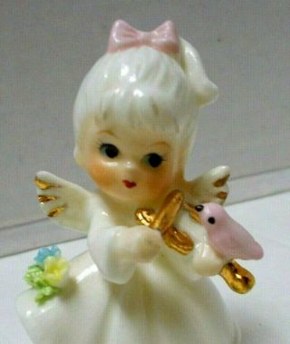 Vintage 1950 ' s NAPCO MINIATURE ANGEL FIGURINE GIRL MUSICIAN w/BIRD - 2.  5 
