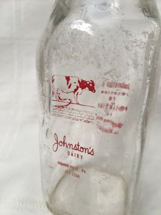 Vintage Half Pint Milk Bottle Johnston’s Dairy Monroeville Pennsylvania 2