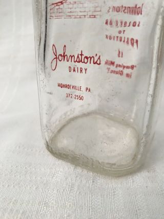 Vintage Half Pint Milk Bottle Johnston’s Dairy Monroeville Pennsylvania 3