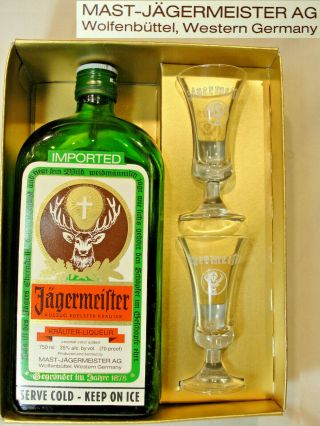 Vtg West Germany 750 Ml Empty Bottle Jagermeister,  2 Shot Glass Set