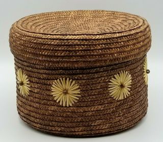 Vintage Hand Woven Round Straw Basket With Lid.  Flower Trim.  10 " X7 ".