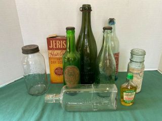 Group Of 9 Vintage / Antique Glass Bottles Some Colored Glass