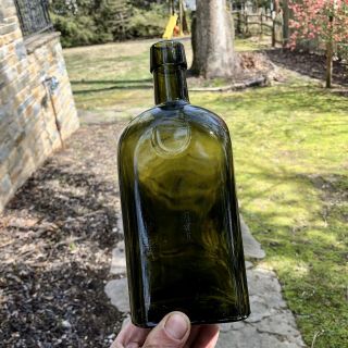 Early Antique Liquor Bottle Olive Green Square Shape Cork Top 1910s Scotch
