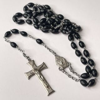Vintage Black Rosary Cross Crucifix Catholic Religious Silver Tone (r104)