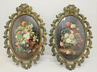 Vintage Floral Flowers Print Oval Metal Scroll Picture Frame Set Of 2 Italy