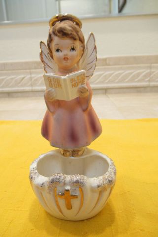 Vintage Ceramic Holy Water Font Angel Figurine God Bless Our Home 1950 