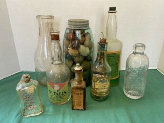 Group Of 8 Vintage / Antique Glass Bottles Some Colored Glass