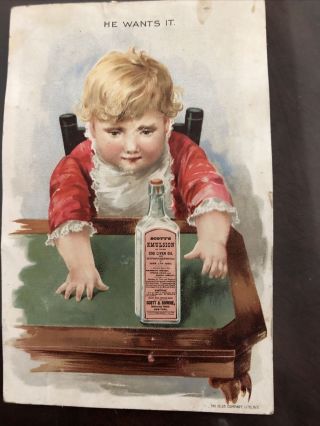 1880s Scotts Emulsion Medicine Advertising Card Showing Labeled Bottle