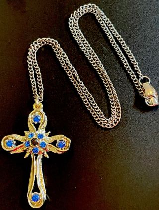 Vintage Catholic Goldtone Cross With Rhinestones & Lords Prayer Stanhope W/chain