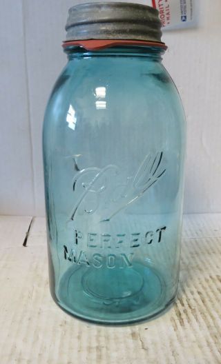 Antique 1/2 Gallon Aqua Blue Ball Perfect Mason Jar W/ball Zinc Lid 1910 - 23 2