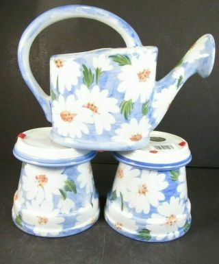 Andrea By Sadek Flower Pots And Watering Can With Daisies Hand Painted Porcelain