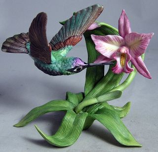 1992 Lenox Garden Bird Figurine " Magnificent Hummingbird " & Orchid Exc.
