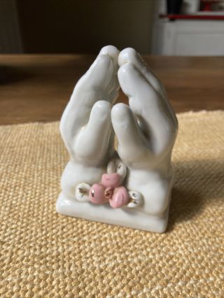 Vintage Ceramic Praying Hands With Pink Flower