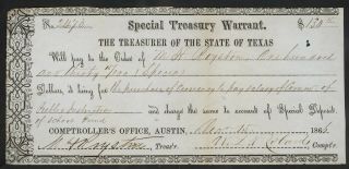 1866 Texas Special Treasury Warrant – Robards & Royston (both Removed By Us)