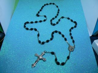 A Vintage Flat Black Multifaceted Cut Glass Bead Roman Catholic Holy Rosary