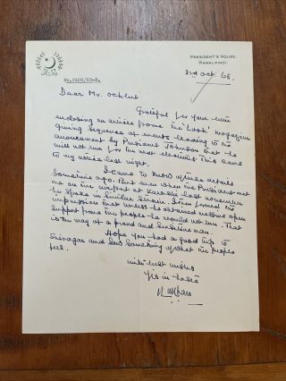 Pakistan President Ayub Khan Handwritten Letter Johnson Not Running Re - Election