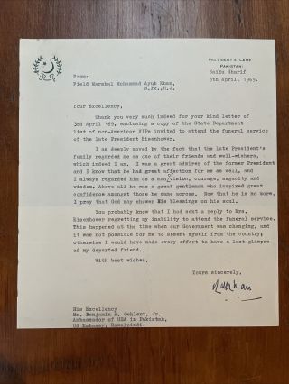 President Of Pakistan Muhammad Ayub Khan Signed Tls 1969 On Eisenhower 