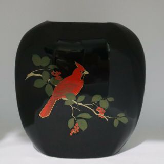 Vintage Otagiri Black Ceramic Vase With Red Cardinal Bird