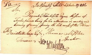 1786,  Thomas Mifflin Signed Order,  Burn Colonial Currency,  Robert Loller Signed