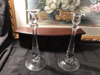 Vin.  10 1/2”tall Clear Art Glass ? Crystal Candle Stick Holder Round Tear Drop (2)