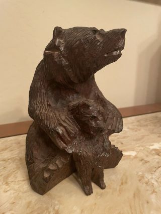 Antique Black Forest Hand Carved Wood Bear And Cub Figurine