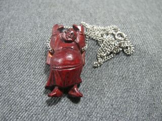 Vintage Carved Wood Buddha Pendant Silvertone Metal Chain Strap Necklace