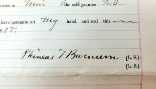 1888 Property Deed Signed By Phineas T Barnum Bridgeport Ct To Perry L Hurd