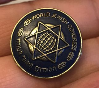 Vtg World Jewish Congress Tie Tack Lapel Pin Star Of David Globe Blue