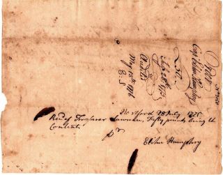 1775,  Oliver Ellsworth,  signed pay order,  Siege of Boston,  P.  O.  W.  Elihu Humphrey 2