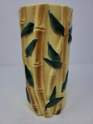 Vintage Royal Copley Yellow/brown Painted Bamboo & Leaves Ceramic Vase 8 " Tall