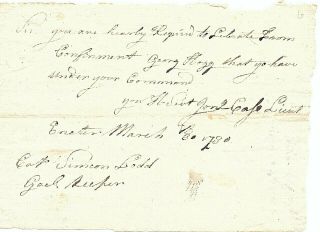 Revolutionary War Exeter Hampshire 1780 Order To Release Army Deserter