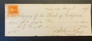 1869 Check Signed By Bonanza King John Mackay Nevada Revenue Stamp Silver Mining