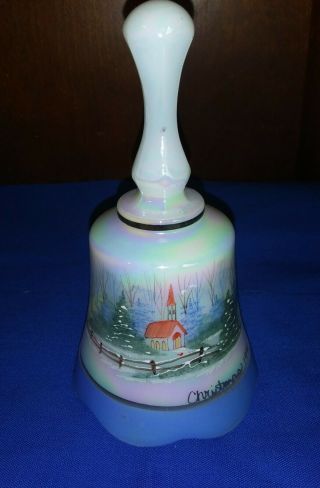 Vintage Fenton 1990 Christmas Hand Painted Iridescent Bell Church In Snow