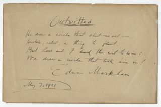 Edwin Markham Signed Hand Written Poem Outwitted 1921 7 X 11 Autograph Signature
