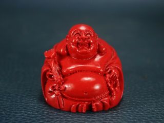 Rare Chinese Natural Red Organic Cinnabar Happy Laugh Maitreya Buddha Statue