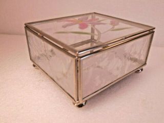 Vintage Floral Glass,  Brass Mirrored Trinket Jewelry Box Colored 4.  4 " X 4 " X2.  4 "