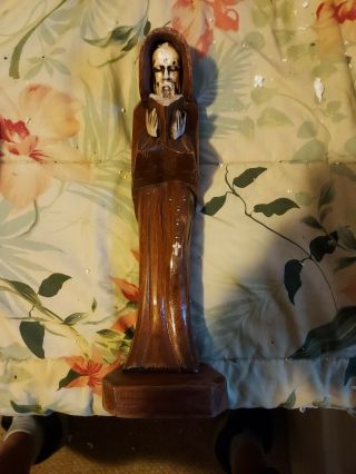Vintage Hand Carved Wooden Priest Friar Monk W Rosary Reading Scripture 13 "