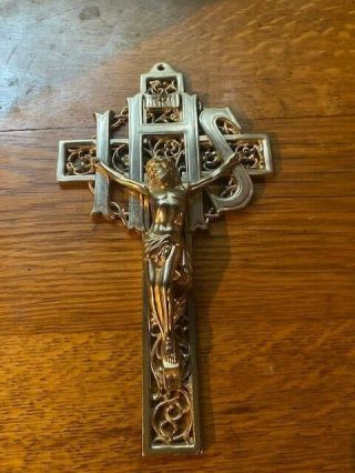 Vintage Heavy Brass Gold Tone Metal Religious Cross Crucifix