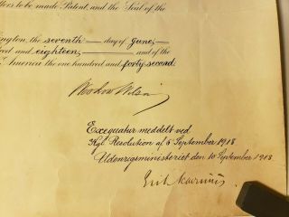 1918 WOODROW WILSON SIGNED DIPLOMATIC APPOINTMENT TO DENMARK w/ SEAL WWI POTUS 2