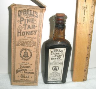 1917 Dr Bells Pine Tar Honey Cough Compound Bottle & Box Drugstore Medicine