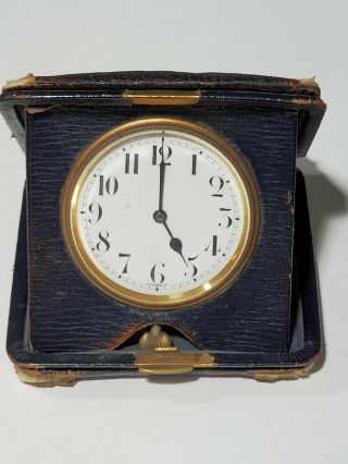 Antique 8 Days Brevet Travel Desk Clock Swiss Circa 1910 Dark Blue Leather Case