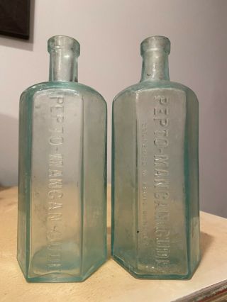 2 Variants Antique Pepto Mangan Gude Bottles,  Hand Blown,  Heart Medicine,  Glass