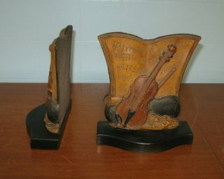 Pair Vintage Syroco Wood Bookends,  Violin,  Sheet Music,  Old World Library