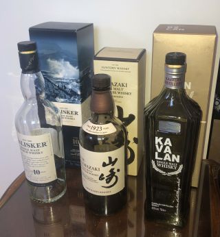 3 Whisky Bottles (empty) - Talisker Scotch,  Ka Va Lan (taiwan) & Yamazaki (japan)