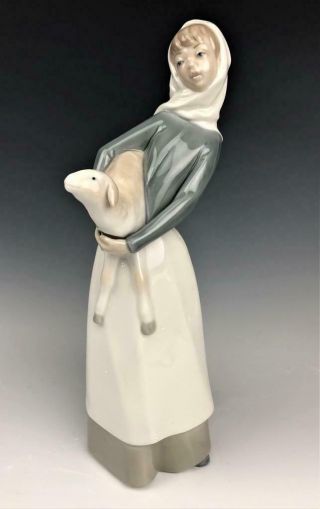 Retired Lladro Spain " Girl W/ Lamb " 4584 Hand Painted Porcelain Signed Figurine